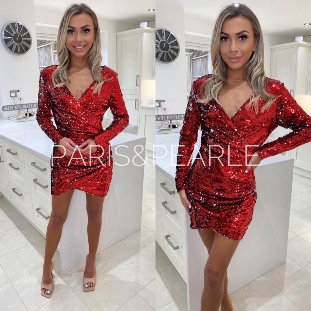 Vivianne Red Wrap Front Long Sleeve Sequin Dress